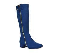 Women's Knee High Boots Ladies Decorative Zip Low Heel Round Toe Navy Faux Suede Biker Long Shoes Size 4