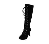 Womens Knee High Boots Ladies High Heeled Platform Lace Up Stretch Elasticated Calf Long Shoes Faux Suede Casual Pointed Riding Boots Ladies Fashion Winter Shoes for Evening Party Size 3-8
