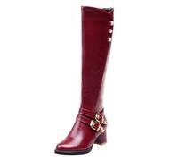 Women's Knee High Boots Ladies Leather Boots Block Mid-Heel Shoes Non-Slip Western Pointed Toe Thick Bottom Boot with Side Zipper Buckles Stylish Classic Fashion Outdoor Boot for Parties & Dance