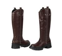 Women's Knee High Boots, Lug Sole Pull-On Combat Riding Boots | Wide Calf Platform Moto Boots, Slouchy Long Tall Punk Boots for Festival Rave Concert Cosplay Party