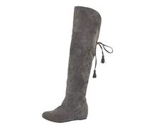 Womens Knee High Boots No Heel Premium Luxury Country Boots Uk Size 5 | Suede Boots Flat Anti Slip Walking Boots Retro Lace Up Winter Shoes Lightweight Ladies Shoes Insulated Cowboots Festival