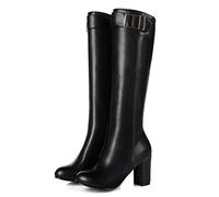 Women's Knee High Boots PU Leather Tall Boots Round Toe Chunky High Heel Warm Winter Boots with Side Zippers,Black,11 UK