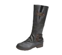 Women's Knee High Boots Size 6 Chunky Low Flat Heel Side-Zip Back Lace-Up Buckle Leather Riding Footwear Vintage Extra Wide Calf Boots Grey