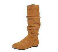 Women's Knee High Boots Slouch Flat Womens Cowboy Boots Low Chunky Block Heel Pull On with Stretch Faux Suede Leather Comfy Travel Work Daily Dating Fashion Autumn Winter Ladies Long Shoes