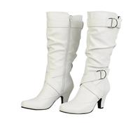 Women's Knee High Boots, Soft Leather Mid-Calf Design with Buckle, Chunky Heel Platform, Available in Brown, Black, White