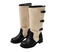 Womens Knee High Boots Two Tone Mixed Material Buckle Straps Chunky Block Heel Adjustable Buckle Biker Boots Ladies Fashion Casual Outdoor Walking Comfort Dress Party Work Footwear Black, Size 3