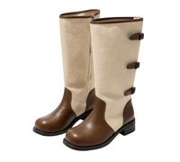 Womens Knee High Boots Two Tone Mixed Material Buckle Straps Chunky Block Heel Adjustable Buckle Biker Boots Ladies Fashion Casual Outdoor Walking Comfort Dress Party Work Footwear Coffee, Size 6
