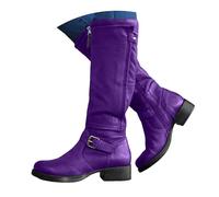 Women's Knee High Boots UK Winter Faux Leather with Gold Buckle, Warm Lined Comfortable Block Heel, Stylish Casual for Daily Wear, Outdoor Walks & Fashionable Outings