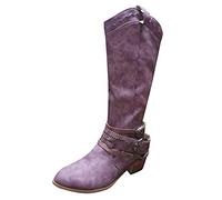 Women's Knee High Boots Western Cowboy Style Vintage Distressed Faux Leather Boots with Buckle Straps Decor, Ladies Fashion Mid Calf Riding Boots for Casual Festival Daily Wear UK