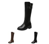 Women's Knee-High Boots with Heel, Classy Boots, Women's Leather Elegant Winter Boots, Block Heel Slip-On Boots with Belt Buckle, Long Shaft Boots, Fashionable Women's Boots, Side Zip, brown, 6 UK