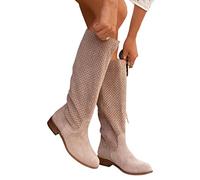 Women's Knee-High Boots with Heel, Classy Winter Boots, PU Leather, Wide Shaft Boots, Breathable Slip-On Boots, Side Zip, Middle Tube Boots, Flock Winter Boots, Comfortable Cowboy Boots, khaki, 8.5 UK