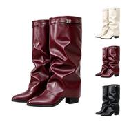 Women's Knee-High Boots with Heel, Fold Over Boots, Leather, Lace, Shark | Vintage elegant over-the-knee boots, plain plus size wide shaft boots, wide calf high boots for festivals