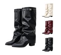 Women's Knee-High Boots with Heel, Fold Over Boots, Leather, Lace, Shark | Vintage elegant over-the-knee boots, plain plus size wide shaft boots, wide calf high boots for festivals