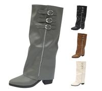 Women's Knee-High Boots with Heel, Fold Over Boots, Leather, Lace, Shark | Vintage elegant over-the-knee boots, plain plus size wide shaft boots, wide calf high boots for festivals