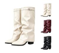 Women's Knee-High Boots with Heel, Fold Over Boots, Leather, Lace, Shark | Vintage elegant over-the-knee boots, plain plus size wide shaft boots, wide calf high boots for festivals