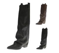 Women's Knee-High Boots with Heel, Fold Over Boots, Leather, Lace, Shark | Vintage elegant over-the-knee boots, plain plus size wide shaft boots, wide calf high boots for festivals