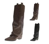 Women's Knee-High Boots with Heel, Fold Over Boots, Leather, Lace, Shark | Vintage elegant over-the-knee boots, plain plus size wide shaft boots, wide calf high boots for festivals
