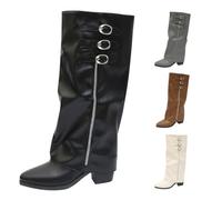 Women's Knee-High Boots with Heel, Fold Over Boots, Leather, Lace, Shark | Vintage elegant over-the-knee boots, plain plus size wide shaft boots, wide calf high boots for festivals