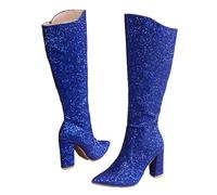Women's Knee-High Boots with Heel Glitter Long Shaft Boots, Block Heel Pointed Toe Overknee Boots High Heels Women's Boots with Zip Fashionable for Mountain Boots Autumn Boots, blue, 8.5 UK