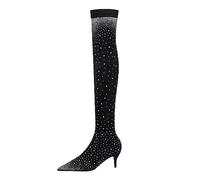 Women's Knee High Boots with Heel Sparkling Diamonds at the Toe Elegant Evening High Heels 7 cm Heel Height Stylish Party Boots, black, 5 UK