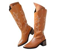 Women's Knee High Cowboy Boots, Western Embroidered Pointed Toe Block Heel Boots for Women, Stylish Vintage Pull-On Cowgirl Boots for Party, Club, Daily Wear