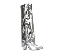 ESSEX GLAM Women's Knee High Fold Over Boots Ladies Zip Details Classic Silver Faux Leather Western Style Pointed Toe Long Shoes Size 6