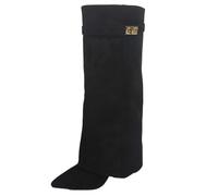 Women's Knee HIGH Fold Over Buckle Fashion Zip Pointed Block Heel Boots - Stylish Ruched Design - Comfortable Mid-Block Heel- Faux Leather & Faux Suede