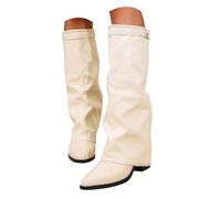Women's Knee High Foldover Boots Ladies Zip Pointed Classic Black Leather Mid-Block Heel Stylish Ruched Design Comfortable Western Style Pointed Toe Long Shoes Chunky Cowboy Cowgirl Boots