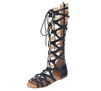 Womens Knee High Gladiator Sandals Roman Cut Out Flat Boots Lace up Strappy Zipper Sandals Beach Holiday Sandals Ladies Summer Gladiator Sandals Fashion Casual Boots Non-Slip Walking Shoes
