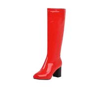 Women's Knee-High Glossy Leather Overknee Boots Patent Plain, red, 11.5 UK