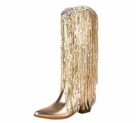 Women's Knee High Metallic Sequin Fringe Boots Western Style Pointed Toe Party Dance Festival Night Club Fashion Performance Outfit,Gold,12 UK