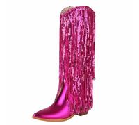 Women's Knee High Metallic Sequin Fringe Boots Western Style Pointed Toe Party Dance Festival Night Club Fashion Performance Outfit,Hot Pink,6 UK