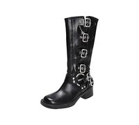Womens Knee High Punk Boots Ladies Tall Booties Female Biker Footwear | Multiple Buckles Strap Faux Leather Shoes for Autumn Winter Gothic Style Casual Walking Daily Streetwear Fashion Vintage