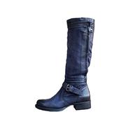 Women's Knee High Riding Boots Vintage Cowboy Boots Riding Fashion Comfortable Shoes Plus Size Lace Up Low Heel Flat Stretch Calf Zip Buckle Strap Riding Biker Boots Dark Blue