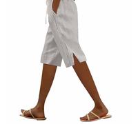Women's Knee Length Bermuda Shorts with Pockets Loose Straight Leg Cotton Linen Striped Cropped Pants Elastic Waist Drawstring Capris Casual Plain Long Summer Work Shorts Khaki