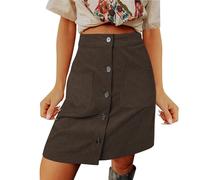 Women's Knee Length Corduroy Skirt - Solid Color High Waist Button Front A-Line Skirts Ladies Elegant Vintage Cord Autumn Winter Casual Midi Pockets Smart Office Retro Skirts