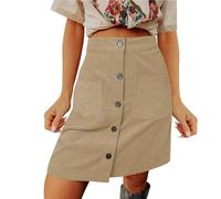 Women's Knee Length Corduroy Skirt - Solid Color High Waist Button Front A-Line Skirts Ladies Elegant Vintage Cord Autumn Winter Casual Midi Pockets Smart Office Retro Skirts