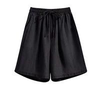 Women's Knee Length Jeans Drawstring Elastic Waist Bermuda Shorts with Pockets High Waist Plus Size Denim Shorts Baggy Wide Leg Half Jeans Summer Casual Lightweight Short Pants Black