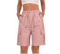 Womens Knee Length Shorts Ladies Bermuda Shorts Baggy Short Cargo Pants with Multiple Pockets Summer Drawstring Elasticated Waist Half Pants for Outdoor Hiking Work Travel Golf Pink