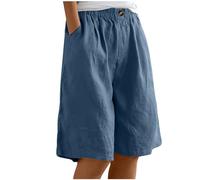 Women's Knee Length Shorts Loose Wide Leg Cotton Linen Shorts Ladies Comfy Summer Bermuda Cargo Work with Pockets Elastic Waist Casaul Plain Long