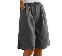 Women's Knee Length Shorts Loose Wide Leg Cotton Linen Shorts Ladies Comfy Summer Bermuda Cargo Work with Pockets Elastic Waist Casaul Plain Long