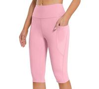 Womens Knee Length Shorts Sale, High Waisted Yoga Leggings with Pockets Tummy Control Capri Cropped Seamless Leggings Solid Color Cycling Running Gym Shorts My Orders Birthday Gifts for Women Pink