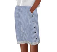 Womens Knee Length Shorts with Pockets Side Buttons Cotton Linen Shorts Lightweight Breathe Straight Shorts Elasticated Waist Lounge Shorts Loose Comfort Striped Summer Shorts Hiking Shorts Blue