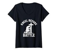 Womens Kneel Before Battle Warrior Cross Christian V-Neck T-Shirt