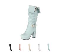 Women's Knight Boots, Large Size Round Toe Long Boots with Buckle with Block Heel High Boots Fashion Dual Wearable Fold Over Slouch Boots for Outdoor Party,Blue,35