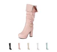Women's Knight Boots, Large Size Round Toe Long Boots with Buckle with Block Heel High Boots Fashion Dual Wearable Fold Over Slouch Boots for Outdoor Party,Pink,35