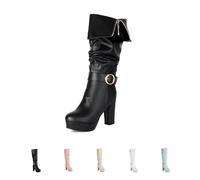 Women's Knight Boots, Large Size Round Toe Long Boots with Buckle with Block Heel High Boots Fashion Dual Wearable Fold Over Slouch Boots for Outdoor Party,Black,35