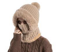 Womens Knit Beanie Hat Fleece Lined Winter Scarf Mask Set Snow Caps Plush Earmuff Skull Hats with Pompom, Khaki, One Size M