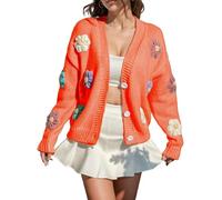 Womens Knit Cardigan Flower Beauty Applique Button up Sweater Coat Aesthetic Embroidery Fluzzy Sweaters for Ladies Cute Fashion Cardigans Long Sleeve Tops Open Front Outfit Clothes for (Orange, M)