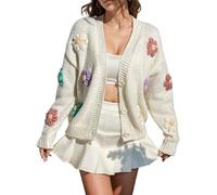 Womens Knit Cardigan Flower Beauty Applique Button up Sweater Coat Aesthetic Embroidery Fluzzy Sweaters for Ladies Cute Fashion Cardigans Long Sleeve Tops Open Front Outfit Clothes for (White, L)